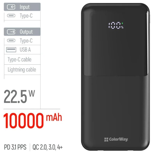 Фото - Батарея мобильная Colorway 10 000 mAh DigiPower USB QC4.0 + USB-C PD22.5W Black (CW-PB100LP01BK)