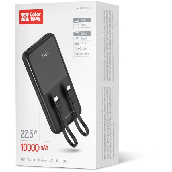 Фото - Батарея мобильная Colorway 10 000 mAh DigiPower USB QC4.0 + USB-C PD22.5W Black (CW-PB100LP01BK)