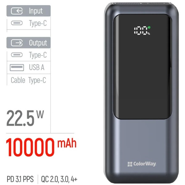 Фото - Батарея мобильная Colorway 10 000 mAh Urban USB QC4.0 + USB-C PD22.5W Gray (CW-PB100LP03GR)