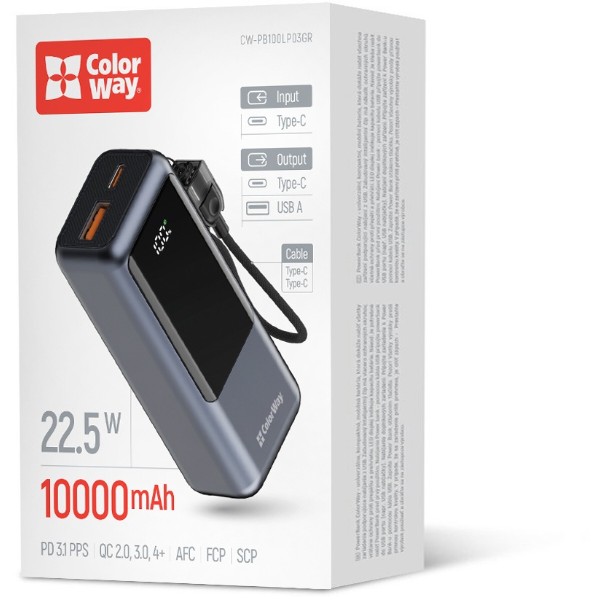 Фото - Батарея мобильная Colorway 10 000 mAh Urban USB QC4.0 + USB-C PD22.5W Gray (CW-PB100LP03GR)