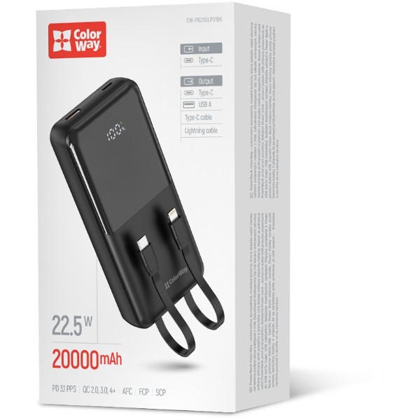 Фото - Батарея мобильная Colorway 20 000 mAh DigiPower USB QC4.0 + USB-C PD22.5W Black (CW-PB200LP01BK)