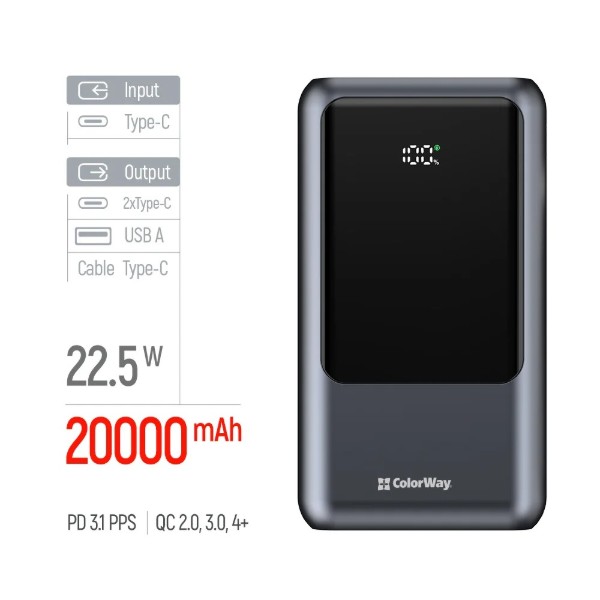 Фото - Батарея мобильная Colorway 20 000 mAh Urban USB QC4.0 + USB-C PD22.5W Gray (CW-PB200LP03GR)