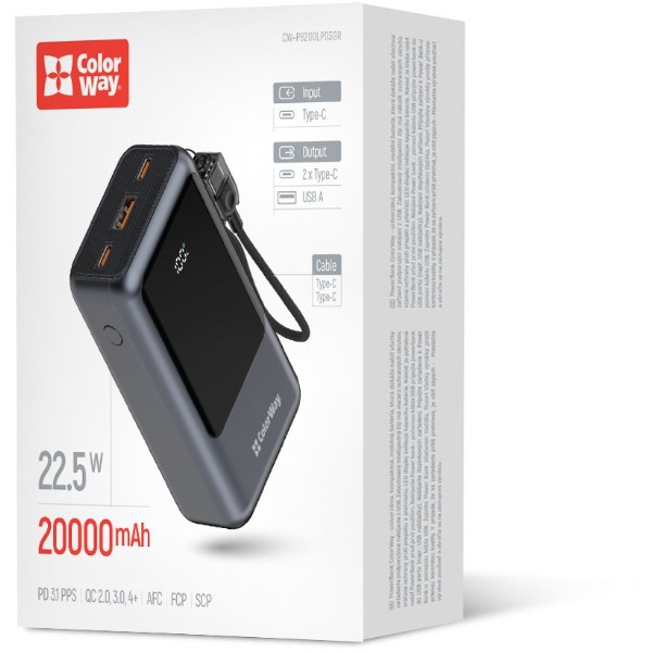 Фото - Батарея мобильная Colorway 20 000 mAh Urban USB QC4.0 + USB-C PD22.5W Gray (CW-PB200LP03GR)