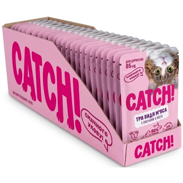 Фото - Набор влажного корма для кошек Catch! три вида мяса с овощами в желе 24 шт х 85г (2700000066980)