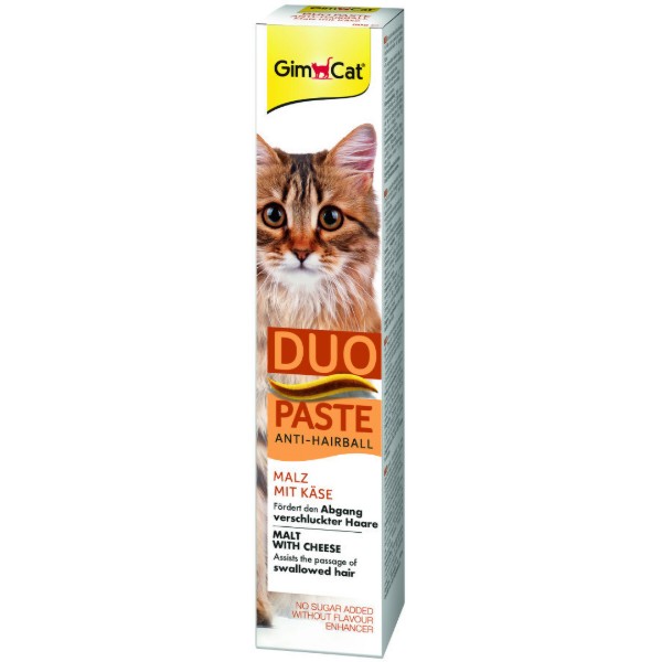 Фото - Ласощі для котів GimCat DUO PASTE Anti-hairboll malt with cheese з чутливим травленням усіх порід мальт та сир 50 г (4002064427218)