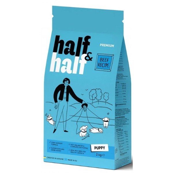 Фото - Сухой корм для собак Half&Half для щенков всех пород с говядиной 2 кг (4820261920703) Фото - Сухой корм для собак Half&Half для щенков всех пород с говядиной 2 кг (4820261920703)