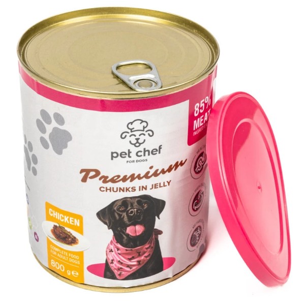 Фото - Вологий корм для собак Pet Chef шматочки в желе з куркою 800 г (4820255193656)