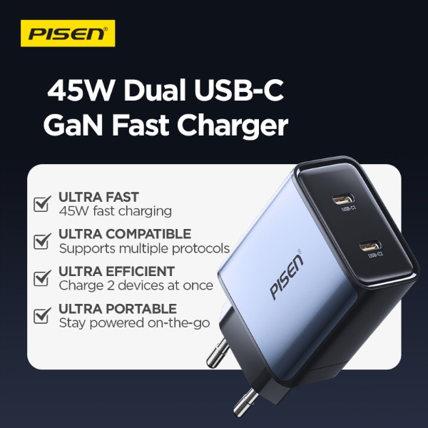 Фото - Мережевий зарядний пристрій Pisen BOLT Utility 45W 2-Port GaN Fast Charger(EU) (TP-C65)