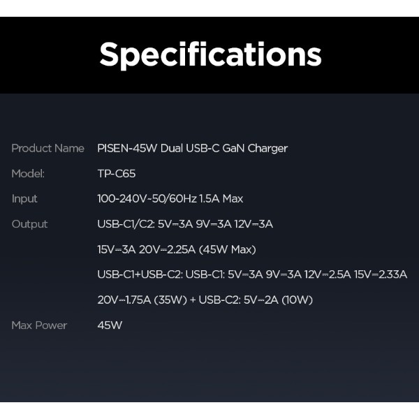Фото - Мережевий зарядний пристрій Pisen BOLT Utility 45W 2-Port GaN Fast Charger(EU) (TP-C65)