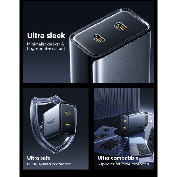Фото - Мережевий зарядний пристрій Pisen BOLT Utility 45W 2-Port GaN Fast Charger(EU) (TP-C65)