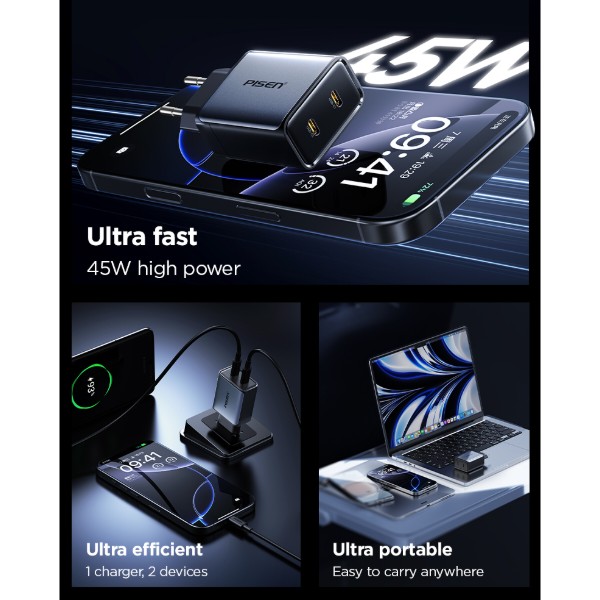 Фото - Мережевий зарядний пристрій Pisen BOLT Utility 45W 2-Port GaN Fast Charger Cable Set(EU) (TP-C65_Kit)