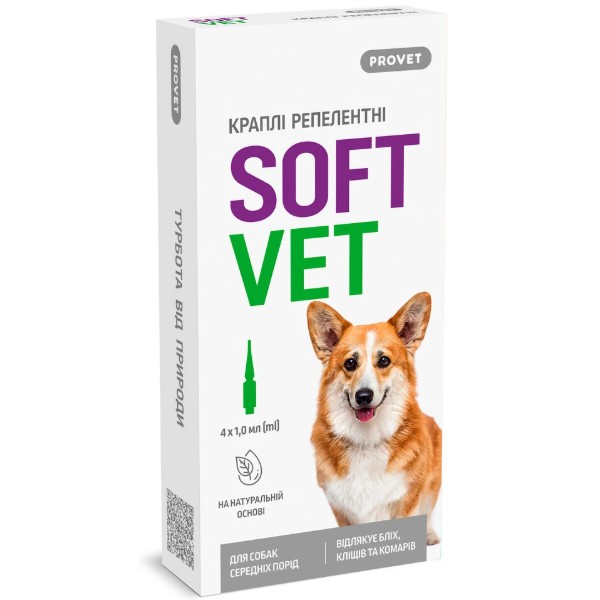 Фото - Капли для собак ProVET SOFTVET для средних пород репеллентные 4 шт. по 1 мл (4823082441198)