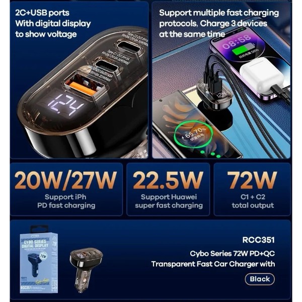 Фото - Автомобильное зарядное устройство Remax Cybo Series 72W PD+QC 1A+2C RCC351 Black (6954851229377)