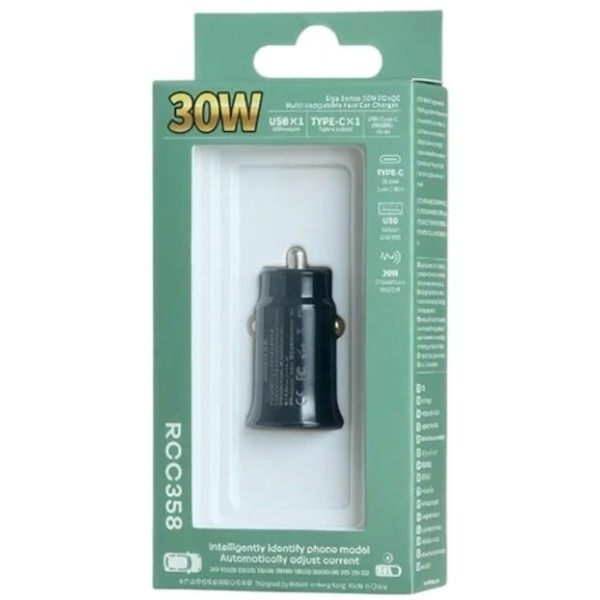 Фото - Автомобильное зарядное устройство Remax Siya Series 30W PD+QC 1C+1A RCC358 Black (6954851217466)