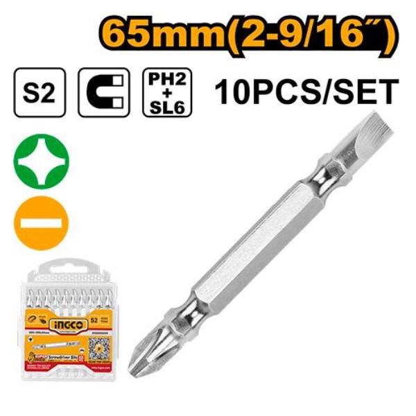 Фото - Набір біт для викрутки INGCO S2 PH2+SL6х65 мм 10 шт. (SDB21HL133)
