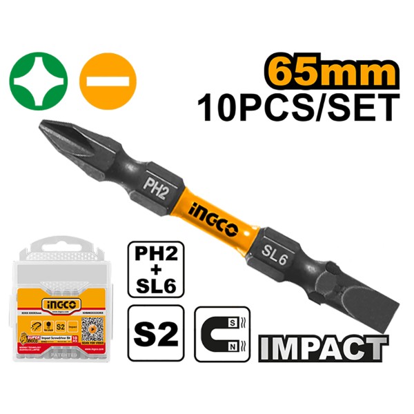 Фото - Біта для викрутки INGCO S2 PH2 + SL6х65 мм 10 шт. (SDBIM21HL133)