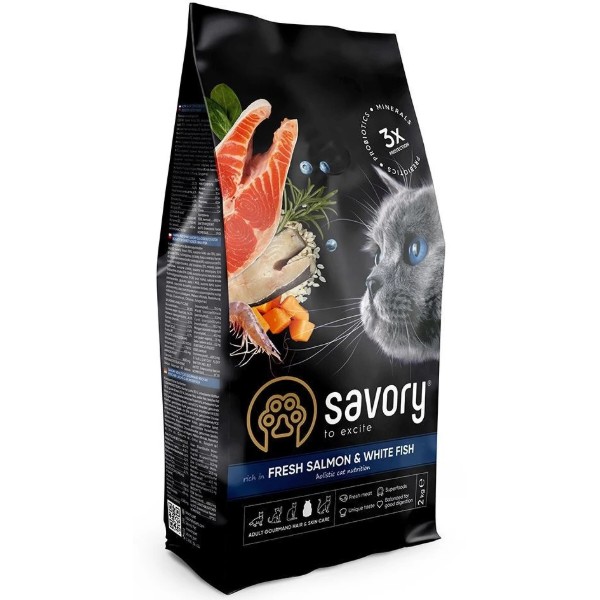 Фото - Сухий корм для котів Savory Adult Cat Gourmand Fresh Salmon and White Fish для довгошерстих зі свіжим лососем і білою рибою 2 кг (4820232630020)