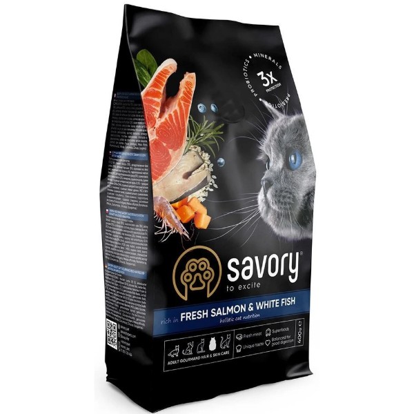 Фото - Сухий корм для котів Savory Adult Cat Gourmand Fresh Salmon and White Fish для дорослих зі свіжим лососем і білою рибою 400 г (4820232630013)