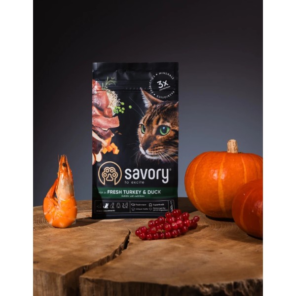 Фото - Сухий корм для котів Savory Adult Cat Gourmand Fresh Turkey and Duck для дорослих зі свіжою індичкою і качкою 400 г (4820232630044)
