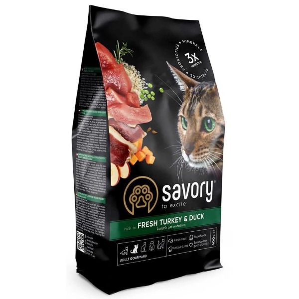 Фото - Сухий корм для котів Savory Adult Cat Gourmand Fresh Turkey and Duck для дорослих зі свіжою індичкою і качкою 400 г (4820232630044)