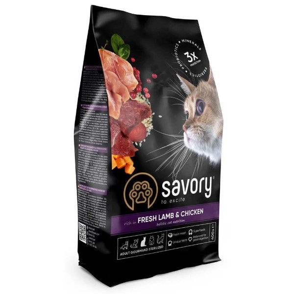 Фото - Сухий корм для котів Savory Adult Cat Steril Fresh Lamb and Chicken для стерилізованих з ягнятиною та куркою 400 г (4820232630105)
