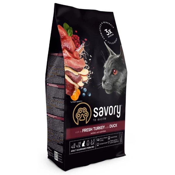 Фото - Сухой корм для кошек Savory Adult Cat Steril Fresh Turkey with Duck для стерилизованных с индейкой и уткой 400 г (4820232631584)
