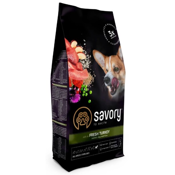 Фото - Сухий корм для собак Savory All Breed Sterilised rich in Fresh Turkey 1 кг (4820232631492)