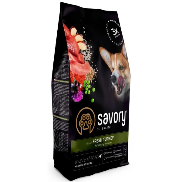 Фото - Сухий корм для собак Savory All Breed Sterilised rich in Fresh Turkey 3 кг (4820232631508)