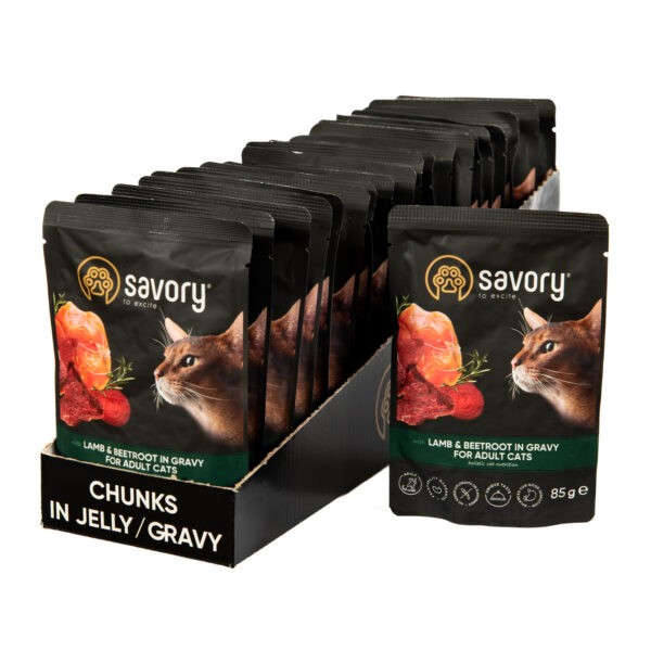 Фото - Набір вологого корму для котів Savory Cat Pouch for Adult with Lamb and beetroot in Gravy 85 г, 18+4 шт. (2700000029367)