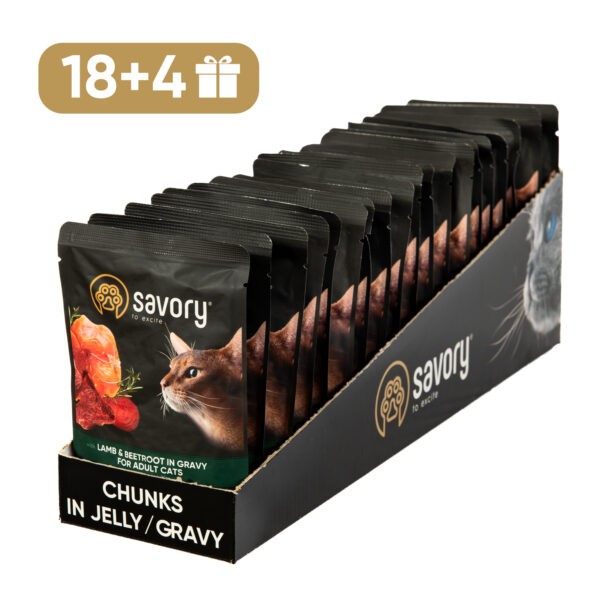 Фото - Набір вологого корму для котів Savory Cat Pouch for Adult with Lamb and beetroot in Gravy 85 г, 18+4 шт. (2700000029367)