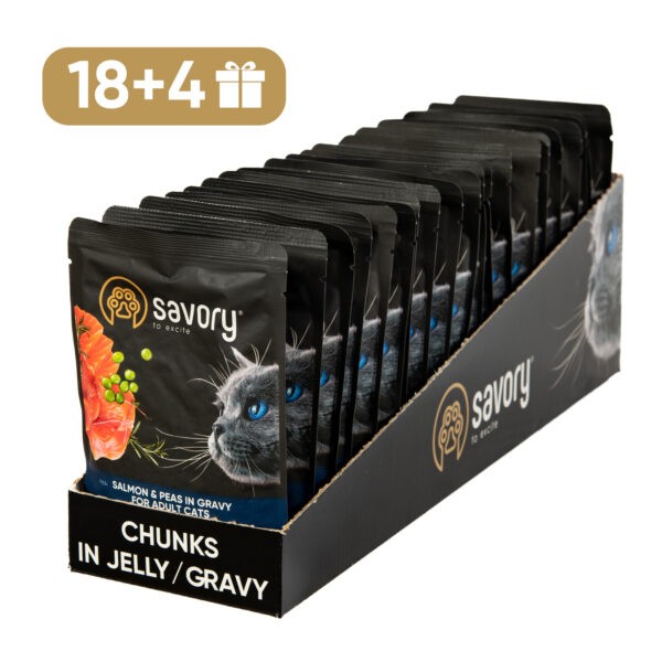 Фото - Набор влажного корма для кошек Savory Cat Pouch for Adult with Salmon and Peas in Gravy  85 г, 18+4 шт. (2700000029350)