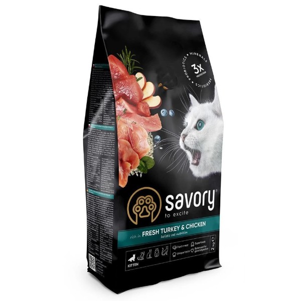 Фото - Сухой корм для кошек Savory Kitten rich in Fresh Turkey and Chicken для котят всех пород со свежей индейкой и курицей 2 кг (4820232630143)