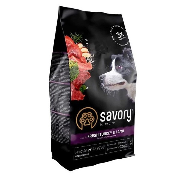 Фото - Сухой корм для собак Savory Medium Breed rich in Fresh Turkey and Lamb средних пород от 10 до 25 кг со свежим ягненком и индейкой 1 (4820232630259)