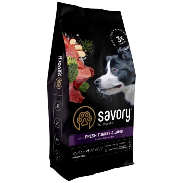 Фото - Сухой корм для собак Savory Medium Breed rich in Fresh Turkey and Lamb средних пород от 10 до 25 кг со свежим ягненком и индейкой 1 (4820232630273)