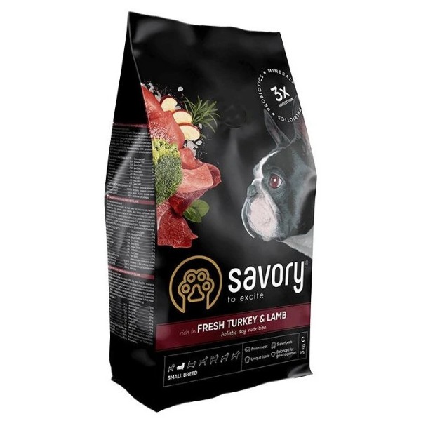 Фото - Сухой корм для собак Savory Small Breed rich in Fresh Turkey and Lamb малых пород до 10 кг со свежим ягненком и индейкой 3 кг (4820232630358)
