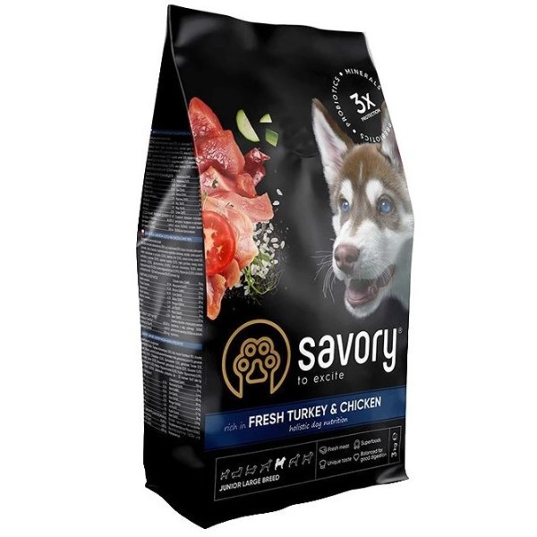 Фото - Сухой корм Savory для щенков крупных пород со свежим мясом индейки и курицы 3 кг (4820232630204) Фото - Сухой корм Savory для щенков крупных пород со свежим мясом индейки и курицы 3 кг (4820232630204)