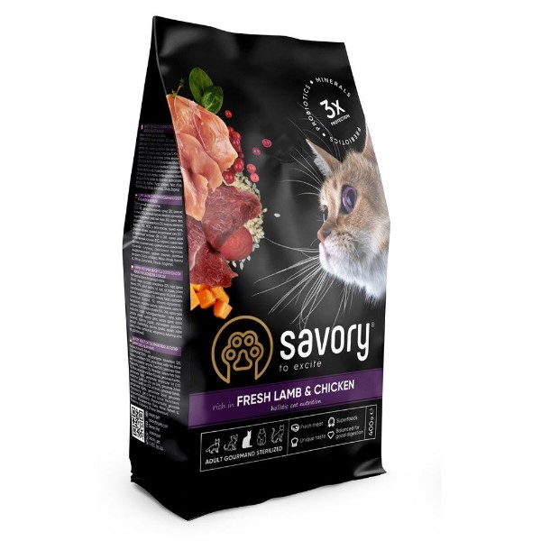 Фото - Сухий корм для котів Savory для стерилізованих 2кг +консерви 3х200г (2700000021224)