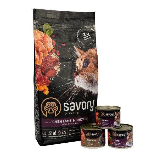 Фото - Сухий корм для котів Savory для стерилізованих 2кг +консерви 3х200г (2700000021224)
