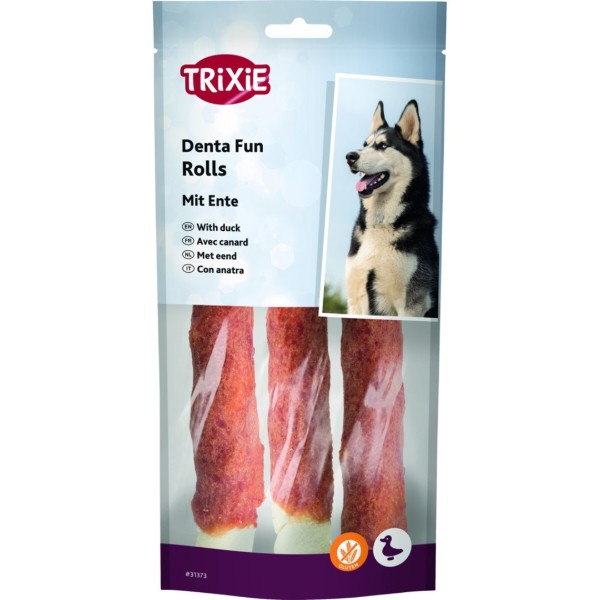Фото - Ласощі для собак Trixie Denta Fun Rolls with Duck Паличка для чищення зубів з качкою 17 см 140 г 3 шт. (4011905313733)