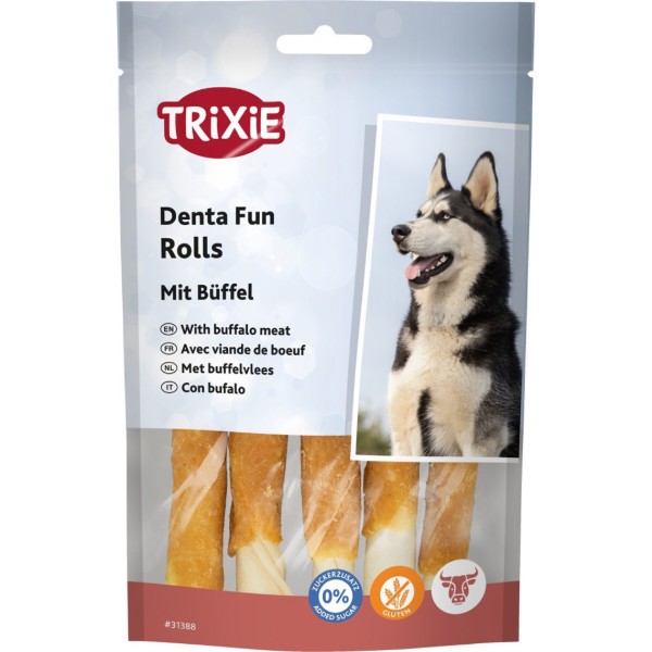 Фото - Ласощі для собак Trixie Denta Fun Rolls with Buffalo Паличка для чищення зубів з м’ясом буйвола 12 см 70 г 5 шт. (4011905313887)