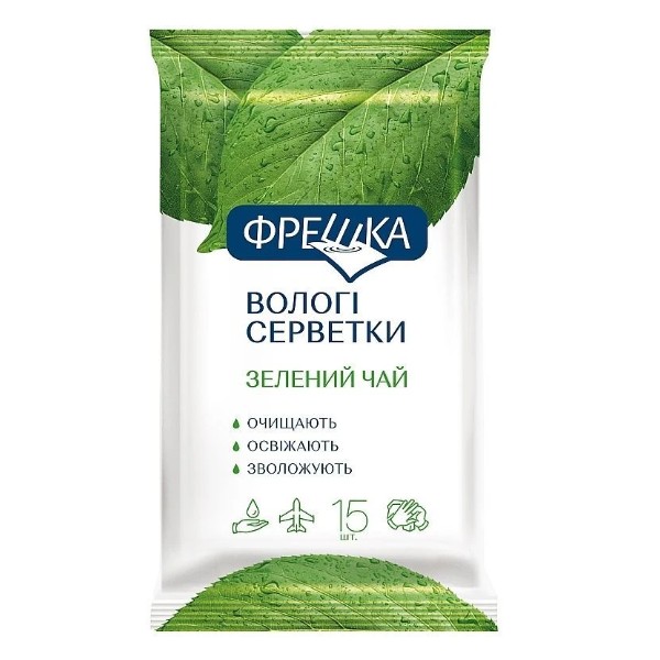 Фото - Серветки гігієнічні вологі Біокон 15 шт. зелений чай (4820064563114)