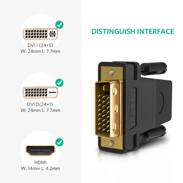 Фото - Перехідник DVI - HDMI UGREEN DVI 24+1 Male to HDMI Female Adapter Black (20124)
