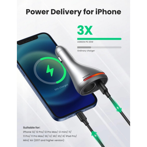 Фото - Автомобільний зарядний пристрій UGREEN CD204 Car Charger 2xUSB Ports Single Extension Socket QC+PD 20W Silver (60712)