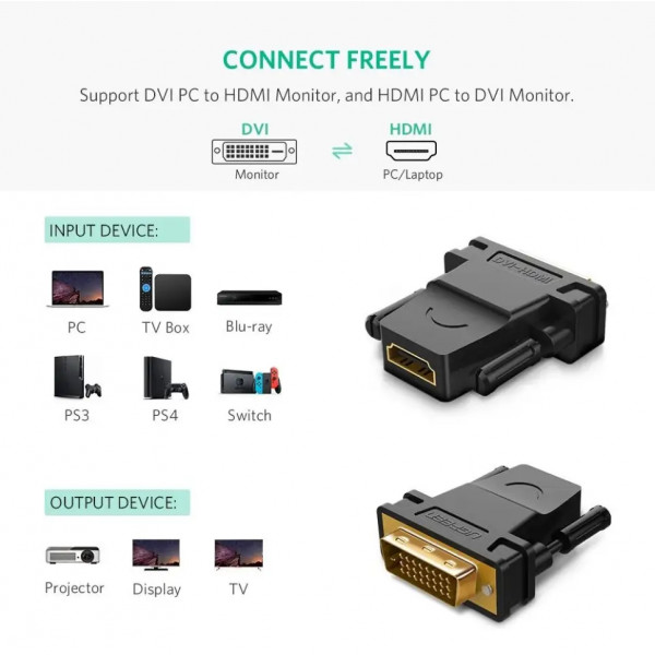 Фото - Перехідник DVI - HDMI UGREEN DVI 24+1 Male to HDMI Female Adapter Black (20124)
