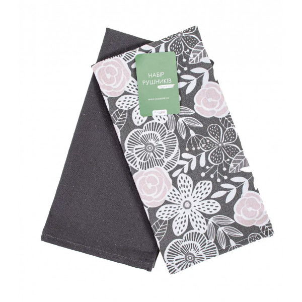 Фото - Набір рушників Home Line Полупанама Квіти декоративні графітово-фрезові 45x60 см 2 шт. (177562)