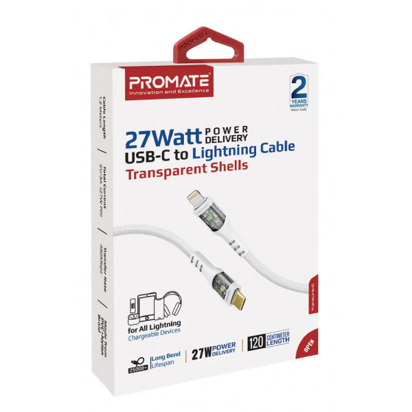 Фото - Кабель Promate Type-C-Lightning (Transline-ci.White)