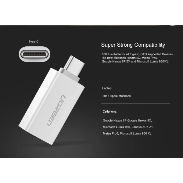 Фото - Перехідник UGREEN US173 USB Type-C to USB 3.0 Female OTG Adapter White (30155)