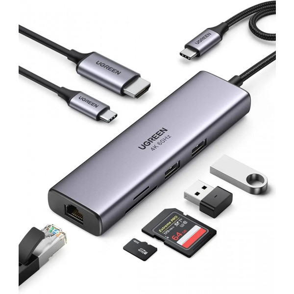 Фото - Хаб USB UGREEN CM512 USB Type-C to 2xUSB3.0+HDMI+RJ45+SD&TF +PD Port Converter Gray (60515)