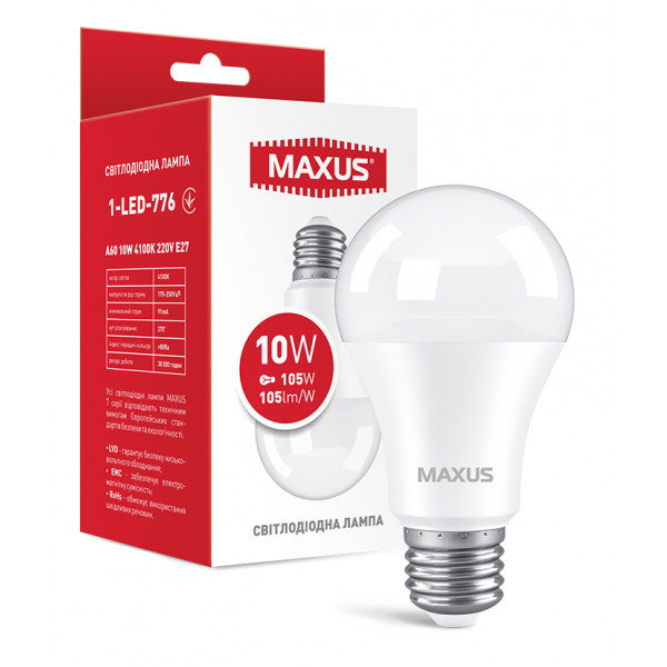 Фото - Лампочка світлодіодна Maxus A60 10W 4100K 220V E27 (1-LED-776)