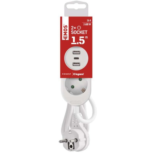 Фото - Удлинитель 220В EMOS P0221U, 2 розетки, 1,5м. с USB-A, USB-C